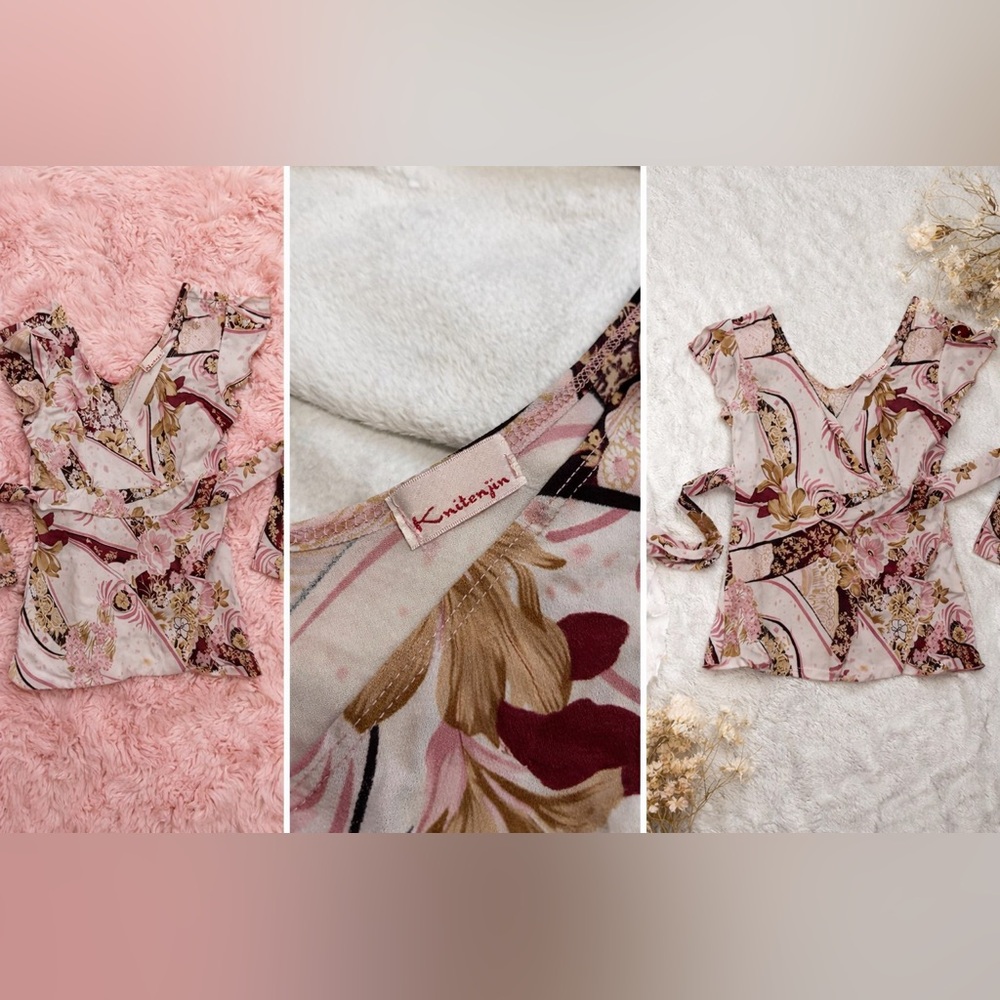 Knittedin Pink Floral Ruffle Sleeve Women’s Top